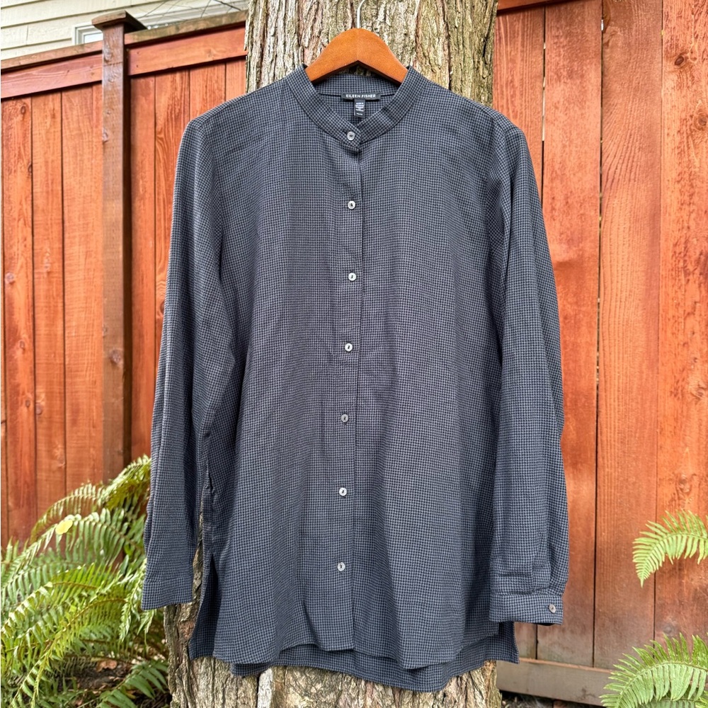 Eileen Fisher Long Sleeve Checkered Black Gray Blouse 100% Tencel EUC